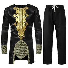 Ethnic Clothing Men's African Suit Bronzing Top And Trousers 2-Piece Set Saudi Arabia Abaya Moroccan Kaftan Ropa Hombre