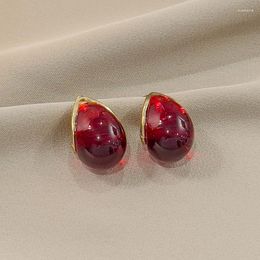 Stud Earrings French Retro Red Gemstone Water Drop Light Luxury Elegant Temperament For Women Simple Party Jewellery Gift