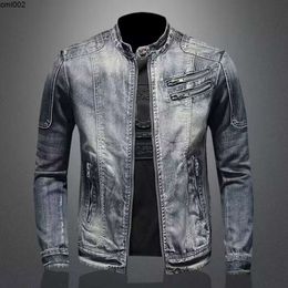 Fashionable Standing Neck Zipper Lapel Motorcycle Denim Jacket Personalized Sports Top Mens Casual Trendy Brand