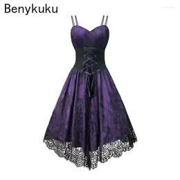 Casual Dresses Gothic Purple Spaghetti Strap Corset Dress Women High Waist Cosplay Party Vintage Costume Lace Sexy Long Goth Clothes