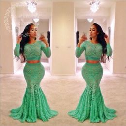 Lime Green Lace Two Pieces Prom Dresses 2017 Long Sleeves Mermaid Evening Dress African Plus Size Black Girls Formal Party Gowns 273d