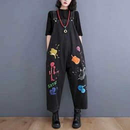 Women's Jumpsuits Rompers Denim Jumpsuits for Women Printed Strtwear Harem Pants Vintage One Piece Outfit Women Clothing High Strt Loose Casual Romper Y240510