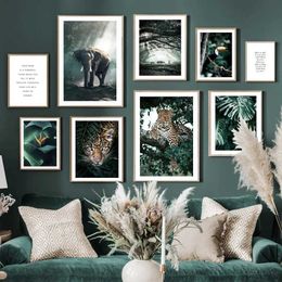 lpapers Jungle Wild Leopard Elephant Tropical Bird Leaf Nordic Poster Wall Art Print For Living Room Decor Canvas Painting Picture J240505