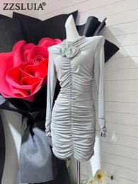 Casual Dresses ZZSLUIA Sexy Tight For Women 3D Flower Appliques Designer Folds Slim Mini Dress Fashion Long Sleeve Shirring