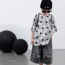 Clothing Sets 2024 Korean Summer Baby Boy 2PCS Clothes Set Five-pointed Star Print Versatile T Shirt Elastic Ripped Jeans Suit Kid Outfits