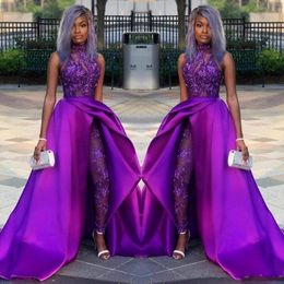 2020 Classic Purple Jumpsuits Prom Dresses With Detachable Train High Neck Lace Appliqued Bead Evening Gowns African Party Women Pant S 268d