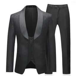 Men's Suits Jacquard 3 Pieces Slim Fit Suit Shawl Lapel One Button Jacket Waistcoat Trousers