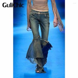 Women's Jeans 3.13 GuliChic Fashion Contrast Colour Print Ruffle Patchwork Hem Flared Women Without Belt