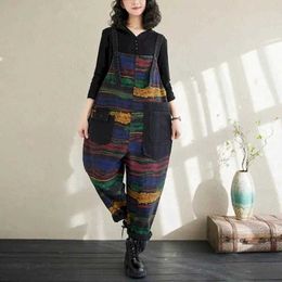 Women's Jumpsuits Rompers Jumpsuits for Women Straight Pants Vintage One Piece Outfit Women Clothing Safari Style Loose Stripe Printing Casual Rompers Y240510