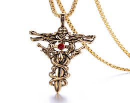 Retro Cross Mens Necklace 316L Stainless Steel 18K Gold Plated Men039s Red Rhinestone Setting Pendant Jewelry15486124898600