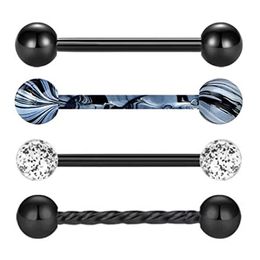 WKOUD 14PCS 14G Black Acrylic Balls Tongue Barbell Splatter 316L Stainless Steel Bar Rings Piercing 16mm 240429