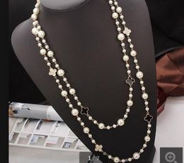 Long sweater chain women039s autumn and winter rose gold electroplating fourleaf clover double pearl necklace GC8116657640