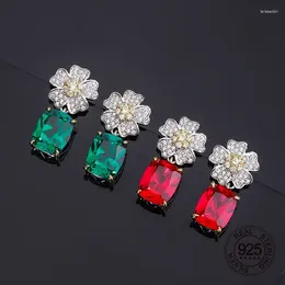 Stud Earrings Flower Design 8x10mm Rectangle Shape Red Ruby Green Cubic Zircon 925 Sterling Silver