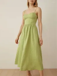 Casual Dresses Women Green Sling Linen Midi Dress French Retro Ladies Sleeveless Fresh Holiday Long Robes With Pockets Spring Summer