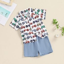 Clothing Sets FOCUSNORM Summer Casual Baby Boys Gentleman Clothes 0-3Y Short Sleeve Cartoon Pattern Print Shirt With Elastic Waist Shorts