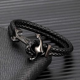 Charm Bracelets MKENDN Fashion Stainless Steel Charm Anchor Black Men Bracelet Leather Genuine Braided Punk Rock Bangles Jewellery Accessories Y240510