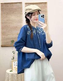 Women's Blouses Ethnic Denim Shirts Women Boho Tops Spain Style Vintage Long Sleeve Button Up Blue Embroidery Jean Blouse Pullover