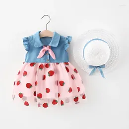 Girl Dresses Ins Children's Summer Girls Dress Fashion Lapel Sleeveless Strawberry Embroidery Mesh Patchwork Denim