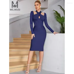 Casual Dresses MSMUSI 2024 Fashion Women Sexy Halter Hollow Out Long Sleeve Backless Bandage Bodycon Party Club Event Midi Dress