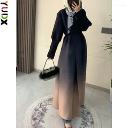 Women's Trench Coats YUDX Miyake Pleated Polo Collar Cardigan Robe Original Designer Gradient Colour Waist Tie Extended Dress 2024