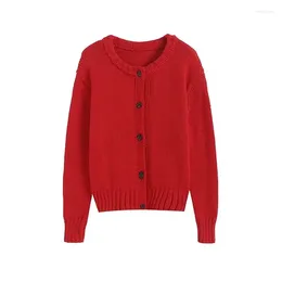 Women's Knits 2024ZAR Spring/Summer Wear Minimalist Style Red Pure Cotton Buckle Short Round Neck Knitted Cardigan Coat