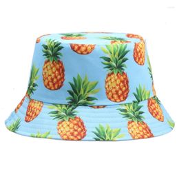 Berets Two-sided Pineapple Print Bucket Hat UV Protection For Women Men Fisherman Hats Foldable Travel Beach Street Sun