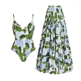 Women's Swimwear Flower Printed One Piece Swimsuit And Bathing Suit With Cover Up 2024 Beach Dress Jupe