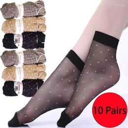 Women Socks 10Pairs Dot Transparent Thin Crystal Silk Nylon Fashion Ladies Summer Female Short Ankle Sock