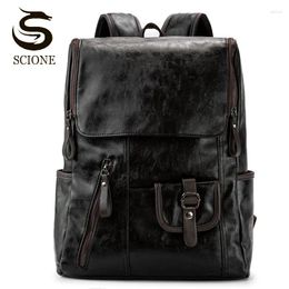 Backpack Men PU Leather Backpacks Male Large Laptop Bags Fashion Casual Rucksack College School Bag Multi-pockets Travel Black XA252M