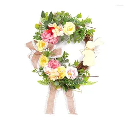 Decorative Flowers Easter Wreath Decor Vine Garland With Ribbon Bow 3D Flower Leaf Hanging Decorations Holiday Ornament For Front Door