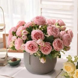 Decorative Flowers Wreaths 30cm Rose Pink Silk Bouquet Peony Artificial Flower 5 Big Head 4 Small Bud Bride Wedding Home Decoration Artificial Flower