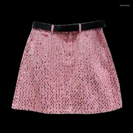 Skirts Sequined Pink Jean Skirt Women's 2024 Summer Korean Style Slimming A- Line Denim Street Faldas