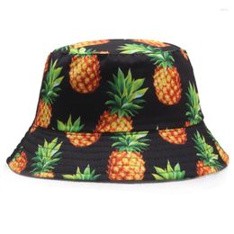 Berets Unisex Pineapple Print Bucket Hat Two-sided UV Protection Fisherman For Men Women Hats Foldable Travel Beach Street Casual