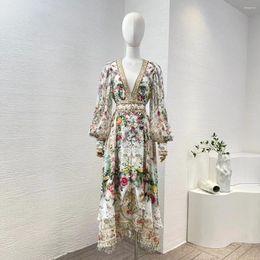 Casual Dresses 2024 Spring Summer Women Clothing High Quality Silk Diamonds Pressed White Floral Print Long Sleeve Ankle-length Dress