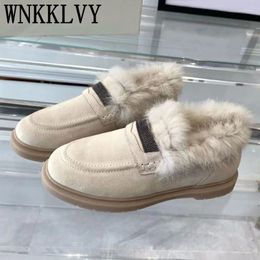 Casual Shoes Winter Warm Flat Thick Soled Fur Loafers Women's Suede Wool Lining Metal String Bead Decor Daily Walking 2024