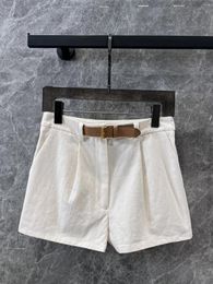 Women's Shorts 2024 Spring Summer Casual White Retro Belt Decoration Linen Cotton High Waisted A-line Woman Trousers Female Pants