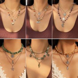 Chains Multilayer Silver Colour Irregular Crushed Stone Moon Pendant Necklace For Women Girls Handmade Beaded Geometric Gifts