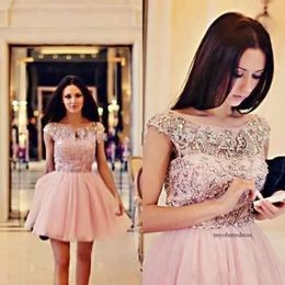 A-Line Homecoming Saprking Crystal Party Dresses Sheer Neck Capped Sleeve A Line Rucehd Vestidos De Festa Tail Dress 66 0510