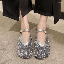 Casual Shoes COZOK Shiny Sequin Ankle Strap Flats Women Fashion Round Toe Mary Jane Woman Spring 2024 Silver Non-slip