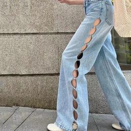 Women's Jeans Summer High Waist Wide Leg Cut Out For Women Sexy Casual Straight Denim Long Pants Hollow Design Ladies Trousers