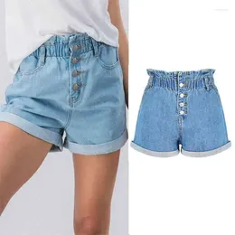 Frauen Jeans Frauen hohe Taille lose dünne elastische 4 Schnalle weit gefaltete Roll-up-A-Line-Denim-Shorts