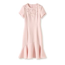 Summer Pink Solid Colour Beaded Dress Short Sleeve Round Neck Sequins Knee-Length Casual Dresses W4M06c5607