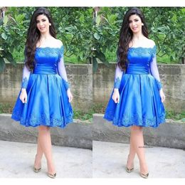 Royal Blue Short Homecoming Dresses Long Sleeve Bateau Neck Party Dress Off The Shoulder Knee Length Prom Gowns With Lace P39 0510