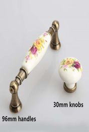 96mm peony porcelain pull handle rural ceramic drawer cabinet knobs bronze dresser retro fashion furniture handles knob3323036