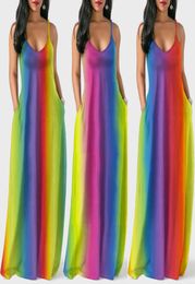 Whole Designer Women Clothes Bohemian Rainbow Print Loose Summer Dresses Fashion Women Sexy Spaghetti Strap Bodycon Long Maxi 6634269