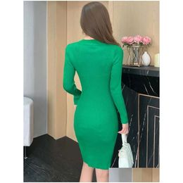 Basic Casual Dresses New Autumn Winter Knitted Dress Womens Slim Temperament Double Breasted Long Sleeve O-Neck Sweater Vestidos Drop Dh39L