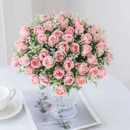 Decorative Flowers Wreaths 30CM 5 Fork 10 Heads Small Bud Rose Silk Bouquet Artificial Flowers For Wedding Home windowsill Decor Indoor Accessory Scrapbook