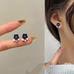 Stud Earrings 925 Silver Needle Trendy Korean Version Blue Flower Pearl Party Exquisitely Designed Ear Studs Jewellery Beautiful Gi