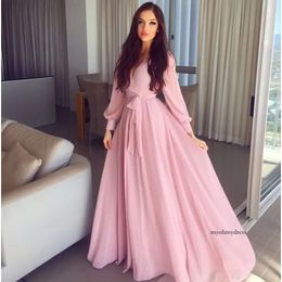 Simple A Line Pink Prom Evening Dresses Poet Long Sleeve Floor Length Graduation Women Long Party Gowns Robe De Soiree Dubai Kaftan 0510