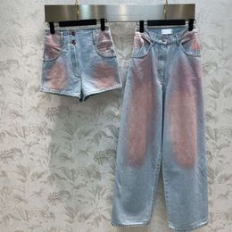 Designer Jeans New Fashion Runway Outdoors Loose Casual Pink Jeans Womens Multi Pocket High Waist Gradual Change Wide Leg Pants